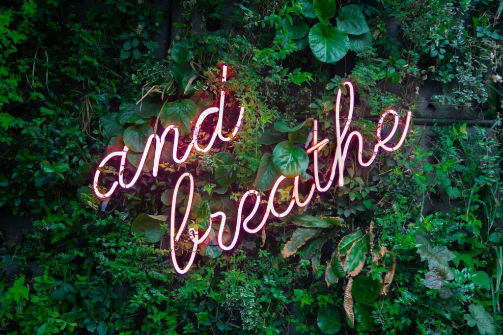 Grüne Wand mit den Worten "and breathe".